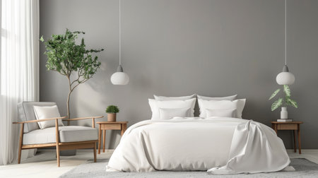 Discover the beauty of simplicity in a modern gray bedroom, where minimalist design and soothing tones create a serene ambianceの素材