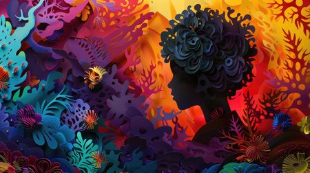 Detailed paper cutout artwork portraying a person immersed in a vibrant paper environment, highlighting the intricacy of paper artistryの素材