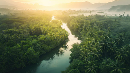 Majestic river cutting through dense tropical forest, creating a mesmerizing scene of untouched natural beautyの素材