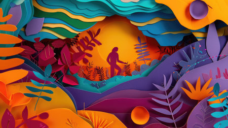 ntricately crafted paper cutout of a person amidst a vibrant paper landscape, evoking a whimsical and immersive sceneの素材