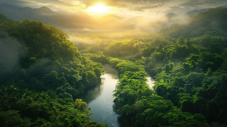 Majestic river cutting through dense tropical forest, creating a mesmerizing scene of untouched natural beautyの素材