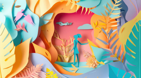 Whimsical paper cutout illustration showcasing a person in a detailed paper setting, inviting viewers into a world of creativityの素材