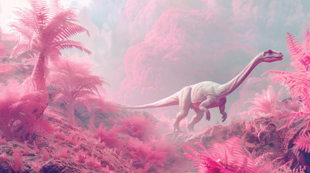 A dinosaur wanders through a natural pink landscape, creating a surreal and visually striking sceneの素材