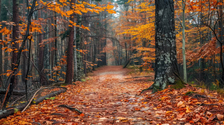Peaceful forest landscape blanketed by the fiery colors of autumn leavesの素材