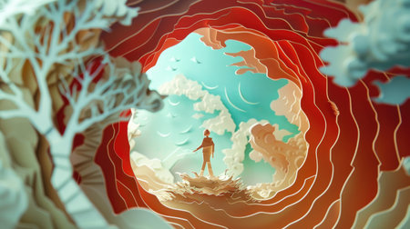 Whimsical paper cutout illustration showcasing a person in a detailed paper setting, inviting viewers into a world of creativityの素材
