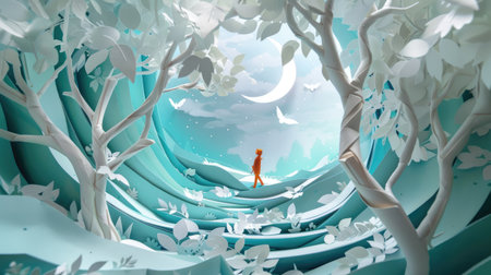 Paper craft creation showcasing a person amidst a meticulously designed paper scene, offering a unique and enchanting visual experienceの素材