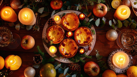 A festive table setting featuring Pasteis de Nata surrounded by fresh fruit and decorative candles, perfect for a special occasion.の素材