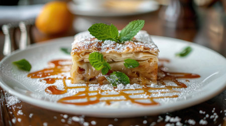 A beautifully plated strudel slice, garnished with fresh mint leaves and a drizzle of caramel sauce, ready to be enjoyed.の素材