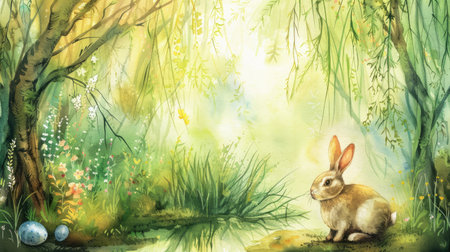 Charming watercolor scene featuring an Easter Bunny in a tranquil forest with willow trees and hidden Easter eggs.の素材