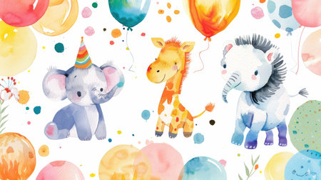 Celebrate with a whimsical birthday invite, featuring cute watercolor zoo animals on a bright and cheerful background.の素材