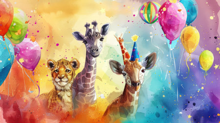 Adorable watercolor zoo animals on a vibrant background make this birthday invite fun and festive.の素材