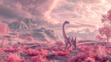 A dinosaur stands majestically in a natural pink landscape, offering a unique and whimsical twist on prehistoric imageryの素材