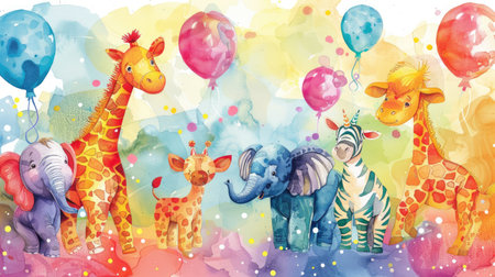 Charming watercolor zoo animals adorn this whimsical birthday invite, set against a vibrant and joyful backgroundの素材