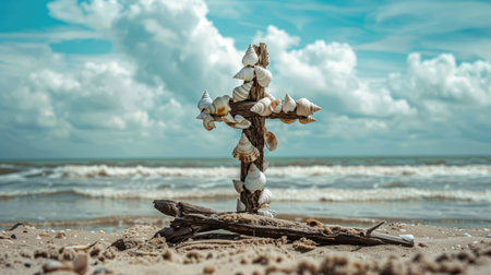 A cross made of seashells and driftwood on a sandy beach, with the ocean in the background.の素材