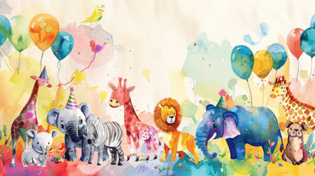 Charming watercolor zoo animals adorn this whimsical birthday invite, set against a vibrant and joyful backgroundの素材