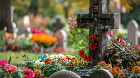 A cross-shaped memorial in a cemetery, surrounded by colorful flowers and greenery.の素材