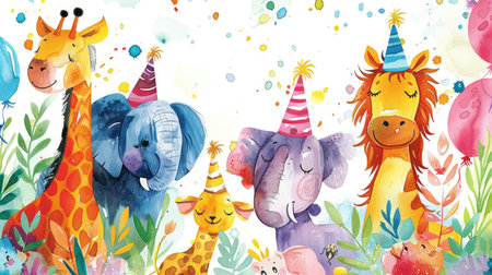 Cute watercolor zoo animals adorn this vibrant birthday invite, creating a whimsical and joyful party atmosphere.の素材