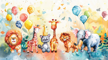 Joyful watercolor zoo animals bring this whimsical birthday invite to life on a vibrant backgroundの素材