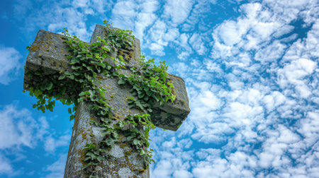 An old stone cross covered in ivy, set against a blue sky with scattered cloudsの素材
