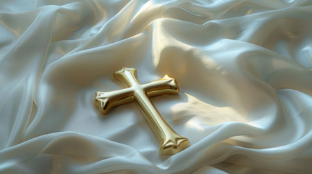 A golden cross resting on a white cloth, with soft shadows and gentle lighting.の素材