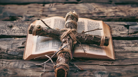 A rustic cross made of twigs and string, placed on a wooden table with an open bookの素材