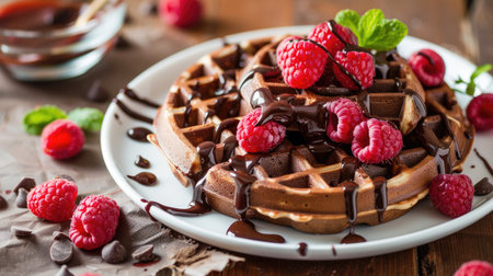 Chocolate waffles topped with chocolate sauce and fresh raspberries, making for an indulgent treatの素材