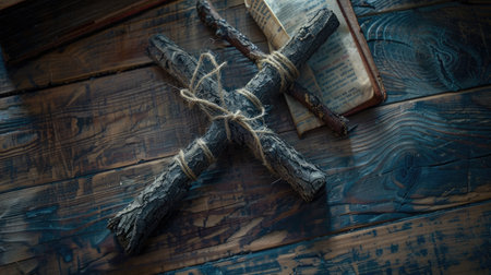 A rustic cross made of twigs and string, placed on a wooden table with an open bookの素材