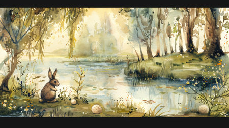 Charming watercolor scene featuring an Easter Bunny in a tranquil forest with willow trees and hidden Easter eggs.の素材