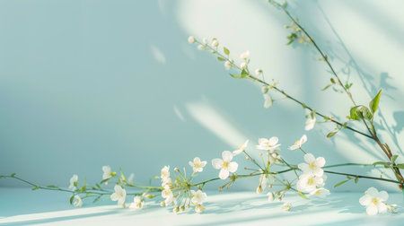 A few white flowers elegantly arranged on a pastel-colored floor, providing a tranquil background with room for textの素材