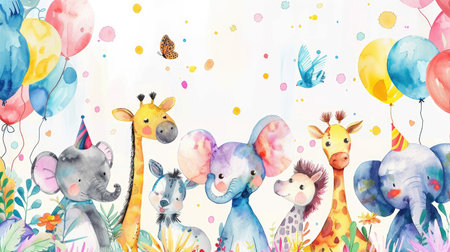 Cute watercolor zoo animals adorn this vibrant birthday invite, creating a whimsical and joyful party atmosphere.の素材