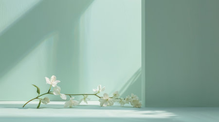 A few white flowers elegantly arranged on a pastel-colored floor, providing a tranquil background with room for textの素材