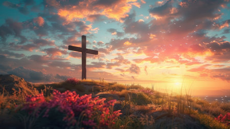 A simple wooden cross standing alone on a hill at sunset, with a dramatic sky in the background.の素材