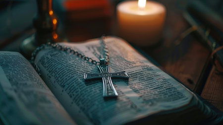 A silver cross necklace lying on an open Bible, softly lit by a nearby candle.の素材