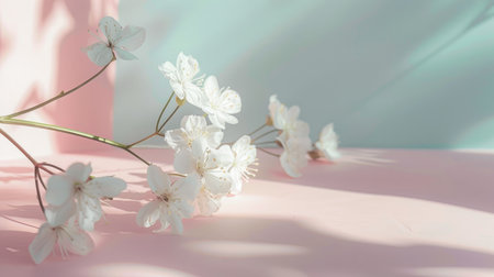 A few white flowers resting on a pastel-colored floor, with plenty of space for text, ideal for a soft and elegant designの素材