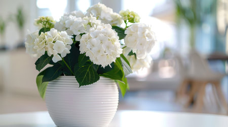 Beautiful white flowers in a stylish white pot, perfect for a clean and sophisticated look.の素材