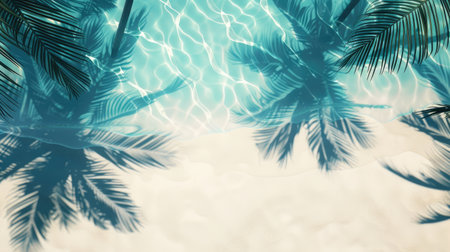 Abstract summer beach banner showing the top view of water with palm leaf silhouettes and their shadows on pristine white sand.の素材