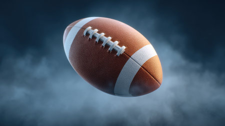 This striking image showcases a classic American football floating amidst dramatic smoke, emphasizing the spirit of sports and athletic competition.の素材