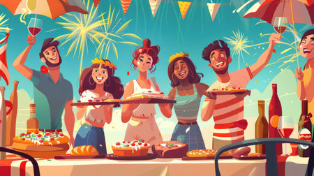 Cartoon characters celebrating Ferragosto with traditional Italian food, fireworks, and joyful expressions, highlighting the festive atmosphere.の素材