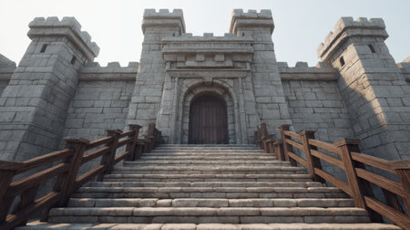 Captivating view of a medieval stone castle with towering walls and a wooden bridge leading to its grand entrance, offering a glimpse into history and architecture.の素材