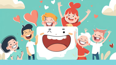 Cartoon of a smiling organ donor card with characters cheering, emphasizing the importance of registering for organ donation.の素材