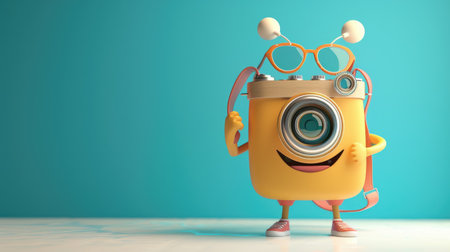 Cheerful character with a stylish compact camera, creative World Photography Day backgroundの素材