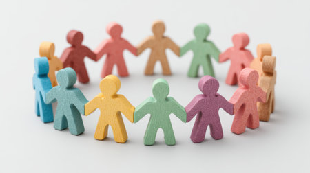 Colorful wooden figures arranged in a circle symbolize unity and diversity. This image can be a great asset for creative projects focused on community and collaboration themes.の素材