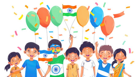 Illustration of children with face paint of the Indian flag, holding Reliance Industries balloons, showcasing the joy of India Reliance Day.の素材