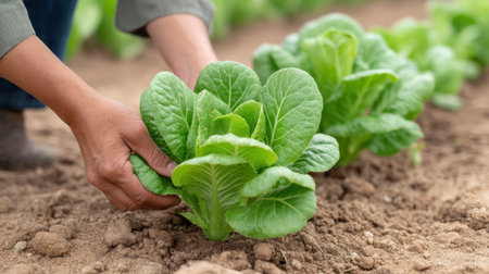 A close-up view of hands gently harvesting fresh green lettuce from rich soil in an organic garden, showcasing the vibrant foliage and healthy agricultural practices.の素材