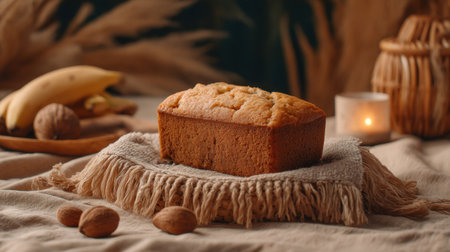 A beautifully styled loaf of banana bread rests on a rustic textile with almonds nearby. The warm ambiance creates a cozy atmosphere perfect for home cooking.の素材