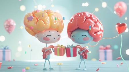 Cartoon characters exchanging gifts with organs inside, highlighting the gift of life through organ donation in a playful manner.の素材