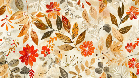 Nature-inspired pattern background with leaves, flowers, and natural elements in earthy tones, evoking a serene and organic feelの素材