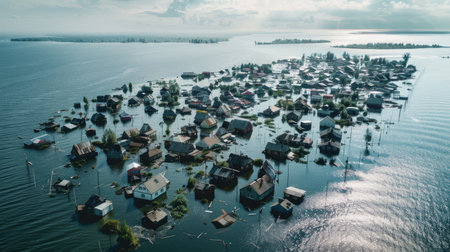 Rising sea levels inundating coastal communities, a visible consequence of unchecked global warmingの素材