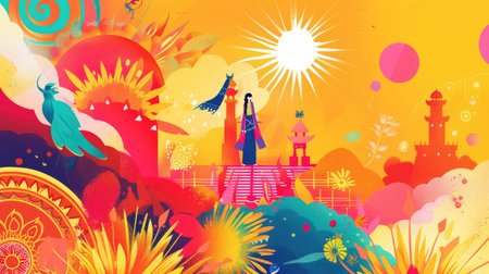 Creative illustration of Indian cultural symbols and Reliance Industries logo, highlighting the blend of tradition and innovation on Reliance Day.の素材