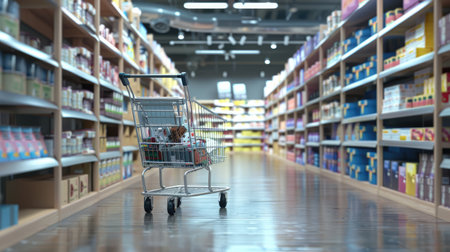 Cart parked beside shelves, offering convenience for restocking merchandiseの素材